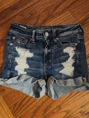 American Eagle Outfitters Distressed Dark Blue Rolled Cuff Jean Shorts